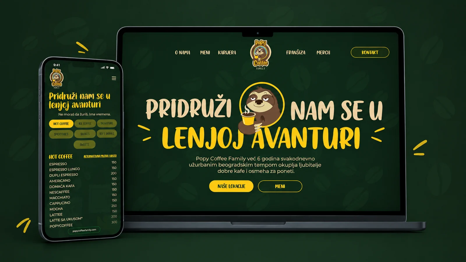 Web sajt za Popy Coffee Family na laptopu i mobilnom telefonu: početna stranica i meni kafeterije
